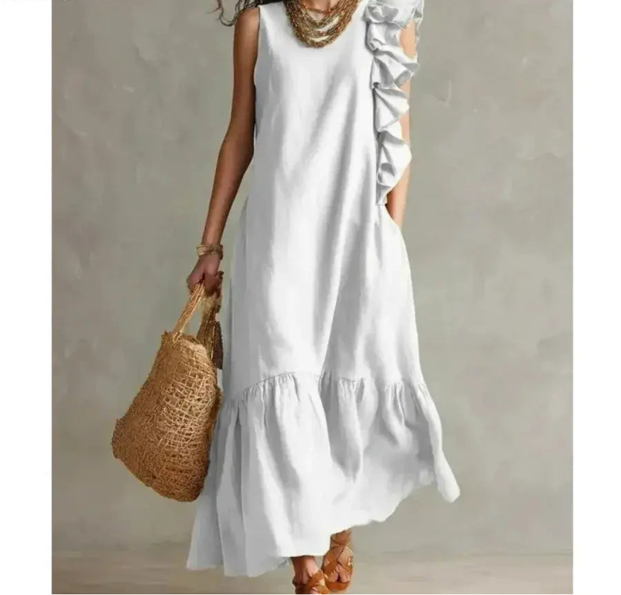 Women's Summer Irregular Ruffled Sleeveless Dress Casual Round Neck Solid Color Loose Long Dress Vestidos De Fiesta Elegantes by Adornity