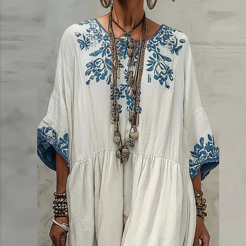 Ethnic Retro Floral Print Loose Maxi Dress Spring Elegant O Neck High Waist Party Dresses Casual Half Sleeve Bohemian Long Dress by Adornity