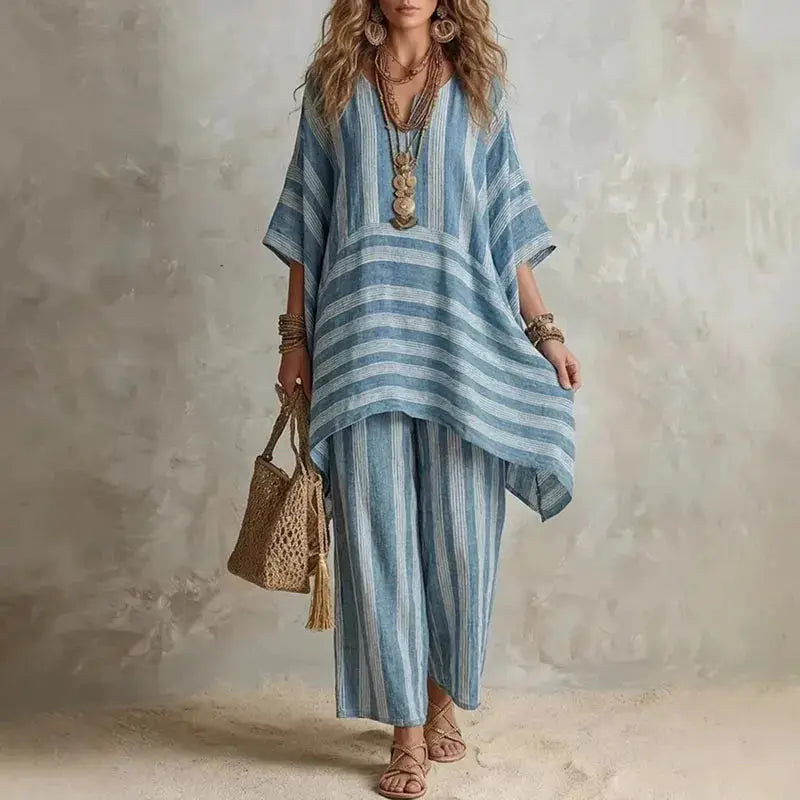 Boho Vintage Striped Print 2 Piece Sets Woman Spring V Neck Half Sleeve Top Wide Leg Pants Outfit New Summer Beach Vacation Suit by Adornity