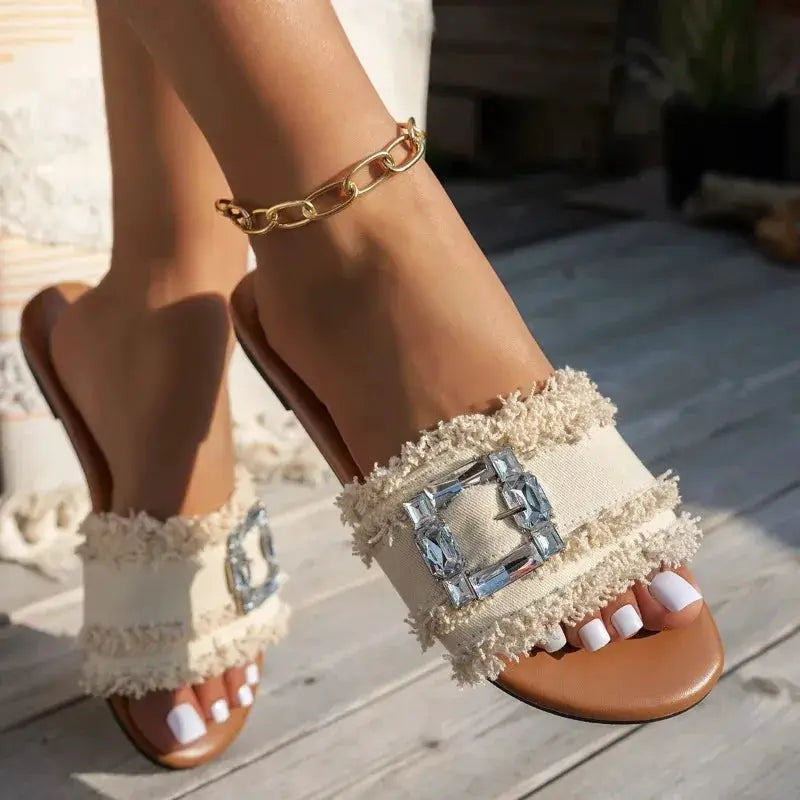 Women's Slippers Summer Sliding Metal Buckle Flat Shoes Fashion Sandals Women's Designer 2026 Comfortable Women's Shoes Slides by Adornity