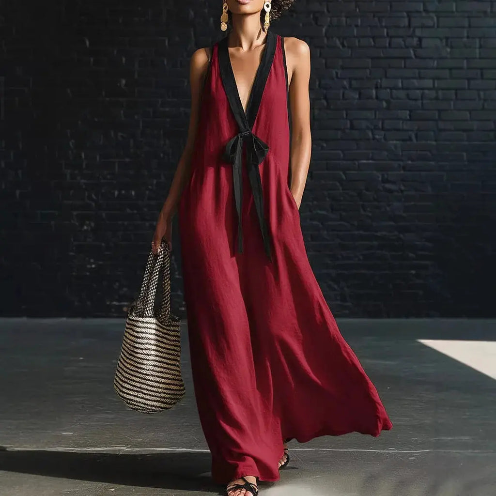 Women's Long Dress Solid Color 2026 Summer New Arrival Fashion Elegant Colorblock Deep V-neck Sleeveless Lace-Up Loose Dress by Adornity