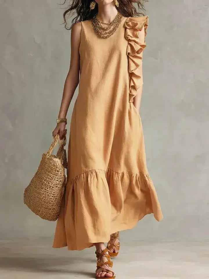 Women's Summer Irregular Ruffled Sleeveless Dress Casual Round Neck Solid Color Loose Long Dress Vestidos De Fiesta Elegantes by Adornity