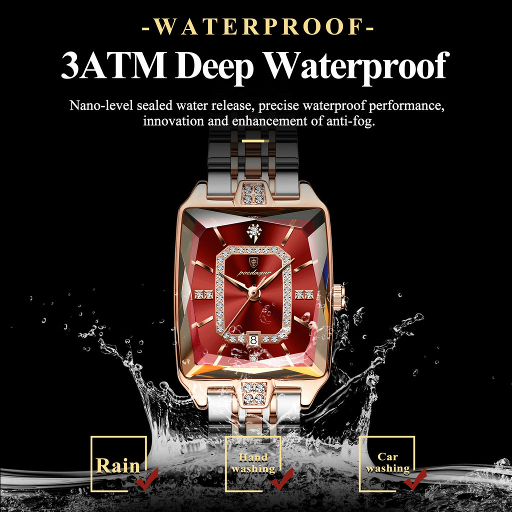 Luxury Women's Watch - Waterproof Stainless Steel Rectangle Calendar Quartz Timepiece