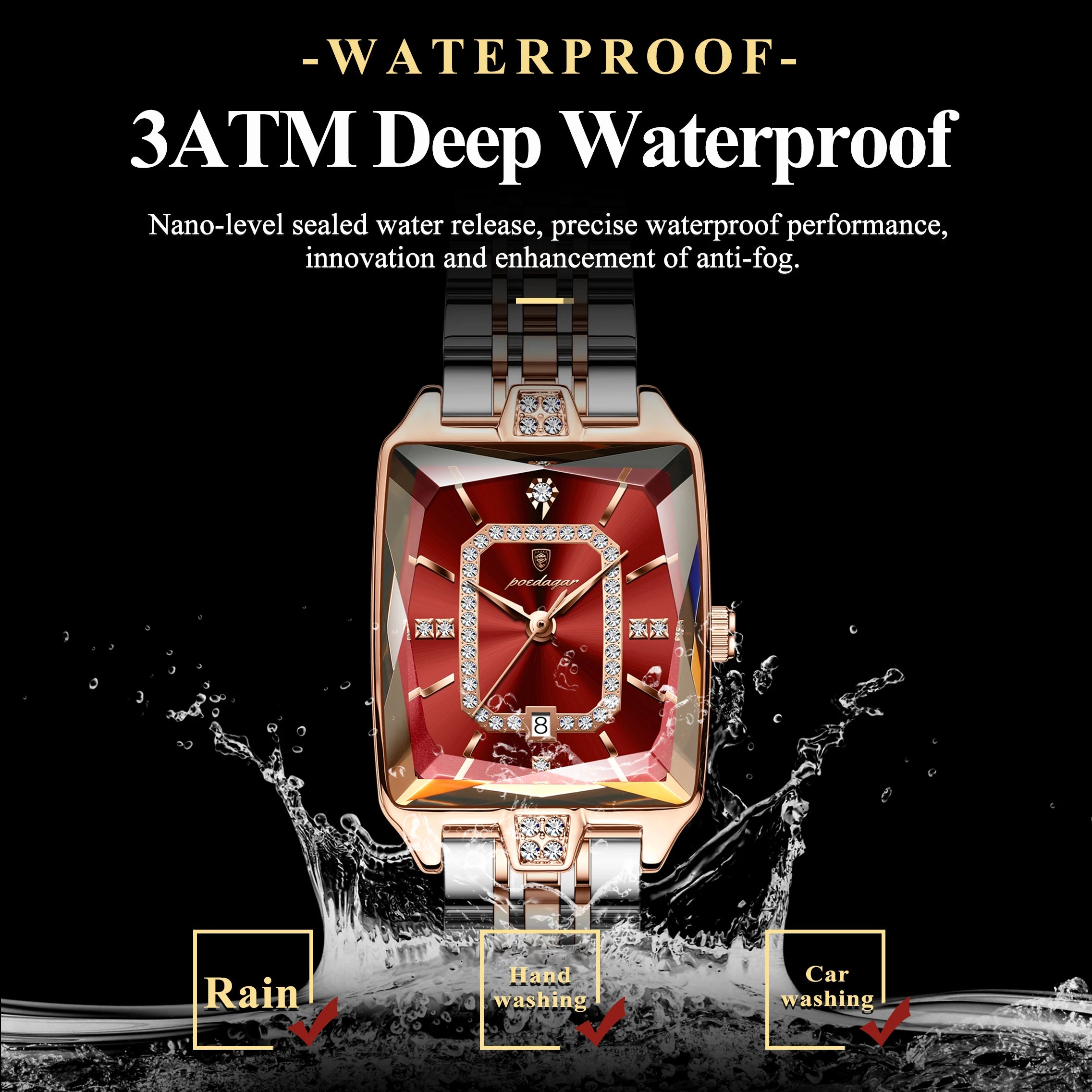 Luxury Women's Watch - Waterproof Stainless Steel Rectangle Calendar Quartz Timepiece