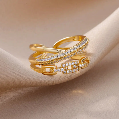 Gold Stainless Steel Hollow Out Ring with Crystal Zircon