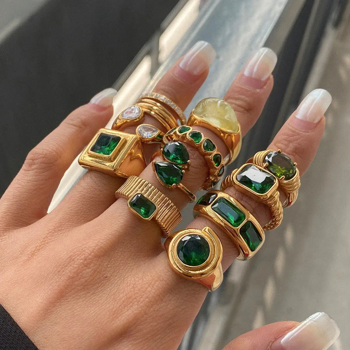 Uworld Retro Green Zircon Ring 18k Gold Color Plated Stainless Steel Round Ring Can be Stacked as a Gift for Women's Accessories by Adornity