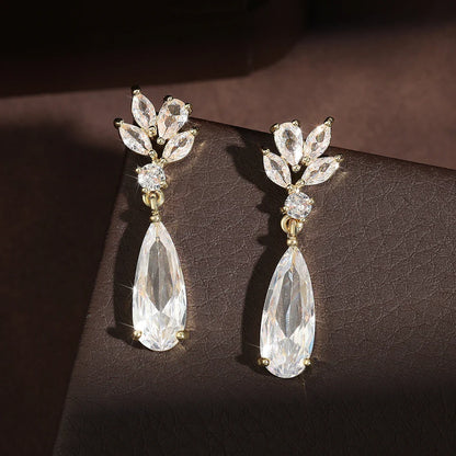 Bridal Water Drop Cubic Zirconia Dangle Necklace Earring  Stylish Flower Shape Bridal Set Wedding Jewelry