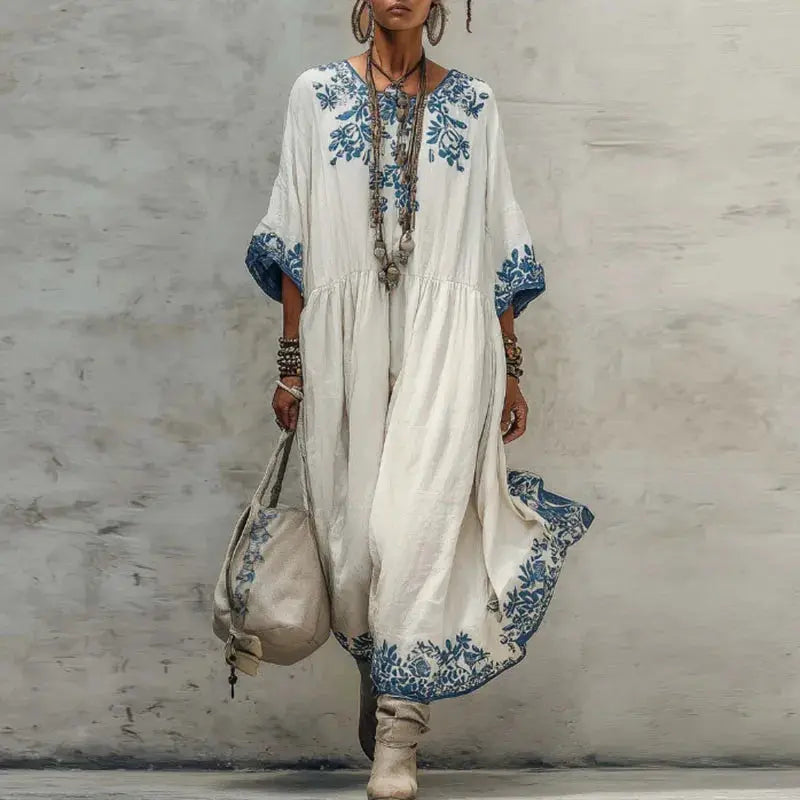 Ethnic Retro Floral Print Loose Maxi Dress Spring Elegant O Neck High Waist Party Dresses Casual Half Sleeve Bohemian Long Dress by Adornity
