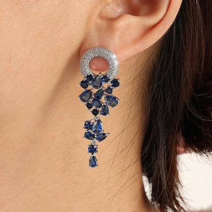 Bridal Blue Cubic Zirconia Long Tassel Drop Earrings  Leaf Shape Bridal Wedding Stylish Jewelry