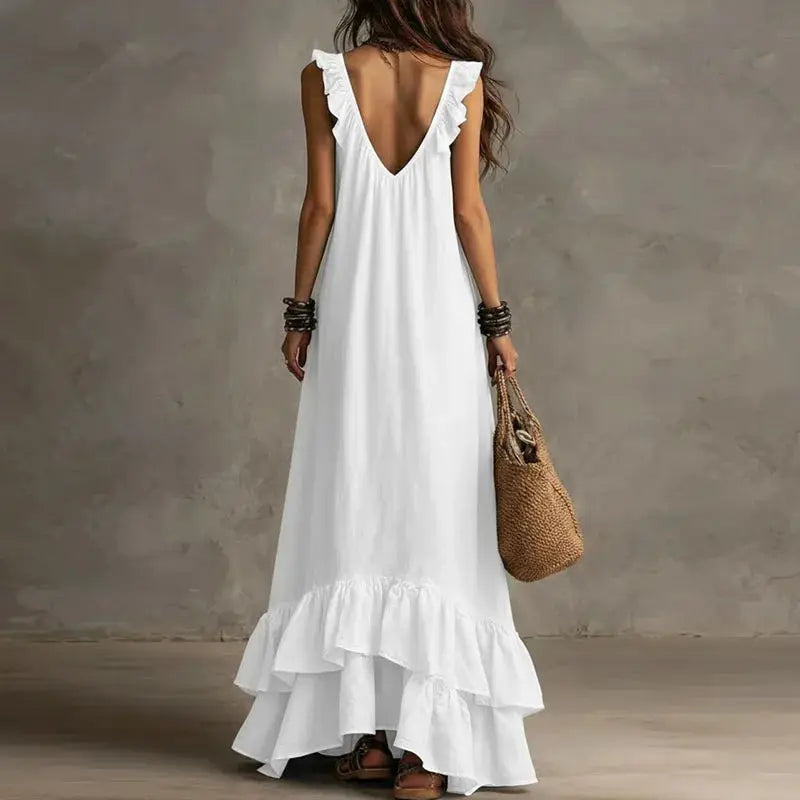 Women's Boho Ruffle Irregular Hem Maxi Dress Spring Deep V Neck Loose Party Long Dresses New Summer Sleeveless Solid Beach Dress by Adornity