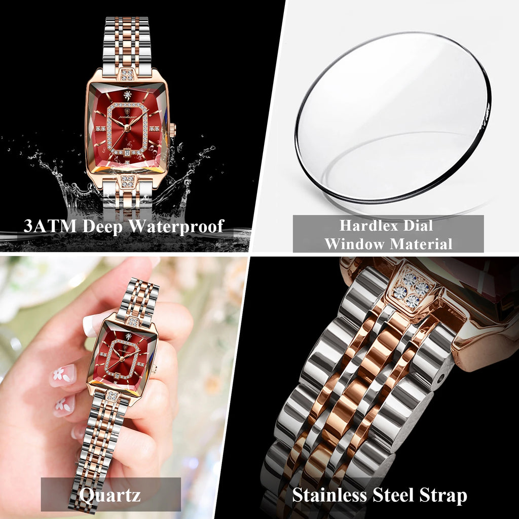Luxury Women's Watch - Waterproof Stainless Steel Rectangle Calendar Quartz Timepiece