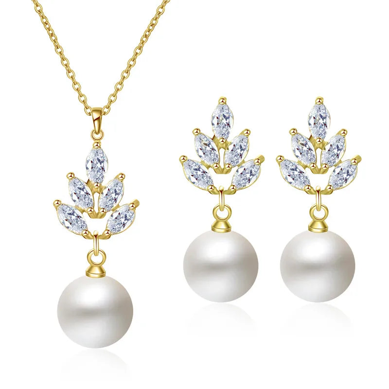 Luxury CZ Zirconia Simulated Pearl Drop Earrings Pendant Necklace Wedding Jewelry