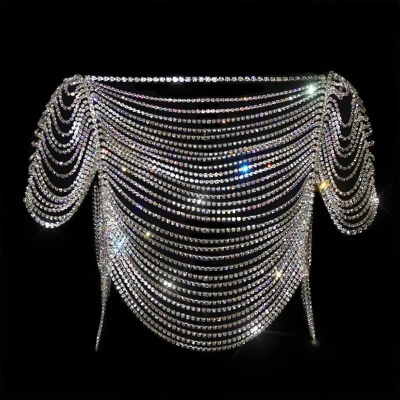 Women Luxury Crop Tank Top Glitter Rhinestone Crystal Metal Chain Tassel Sexy See Through Backless Short Sleeve Festival Tops