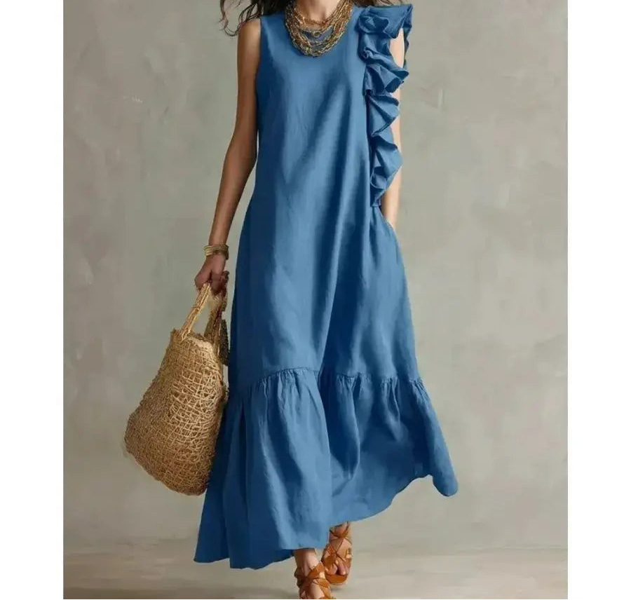 Women's Summer Irregular Ruffled Sleeveless Dress Casual Round Neck Solid Color Loose Long Dress Vestidos De Fiesta Elegantes by Adornity