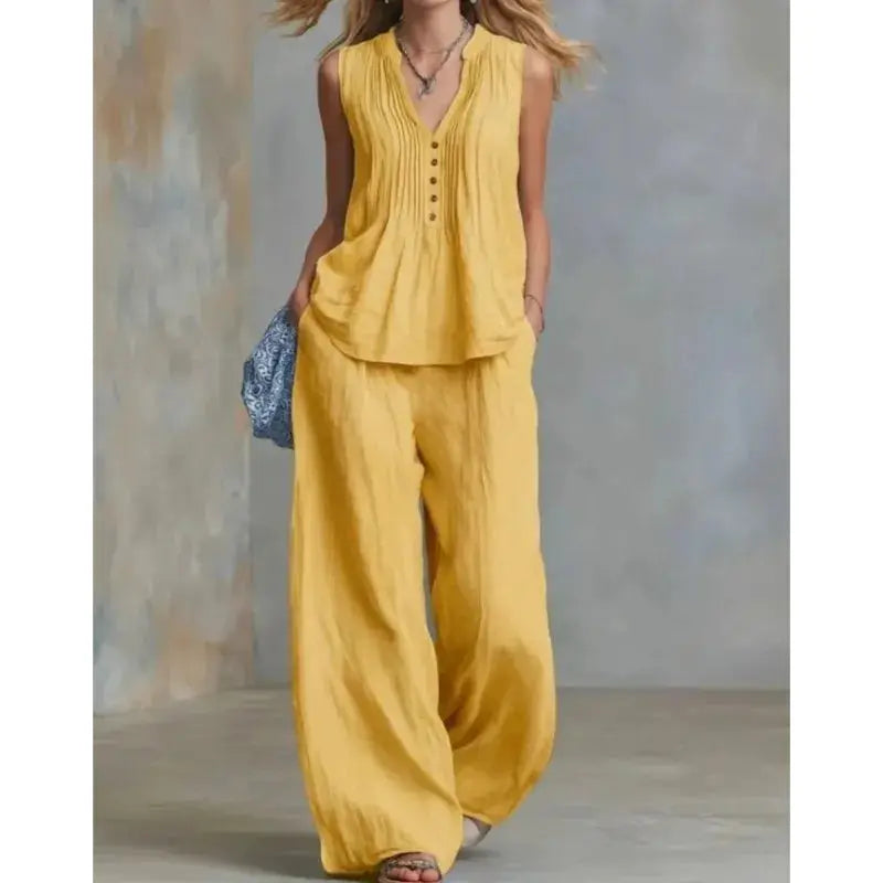 lady Button Splicing Design Top+wide Leg Pants Two-piece Set Women's Summer Fashion Sleeveless V-neck Top Pants Office Outfit by Adornity