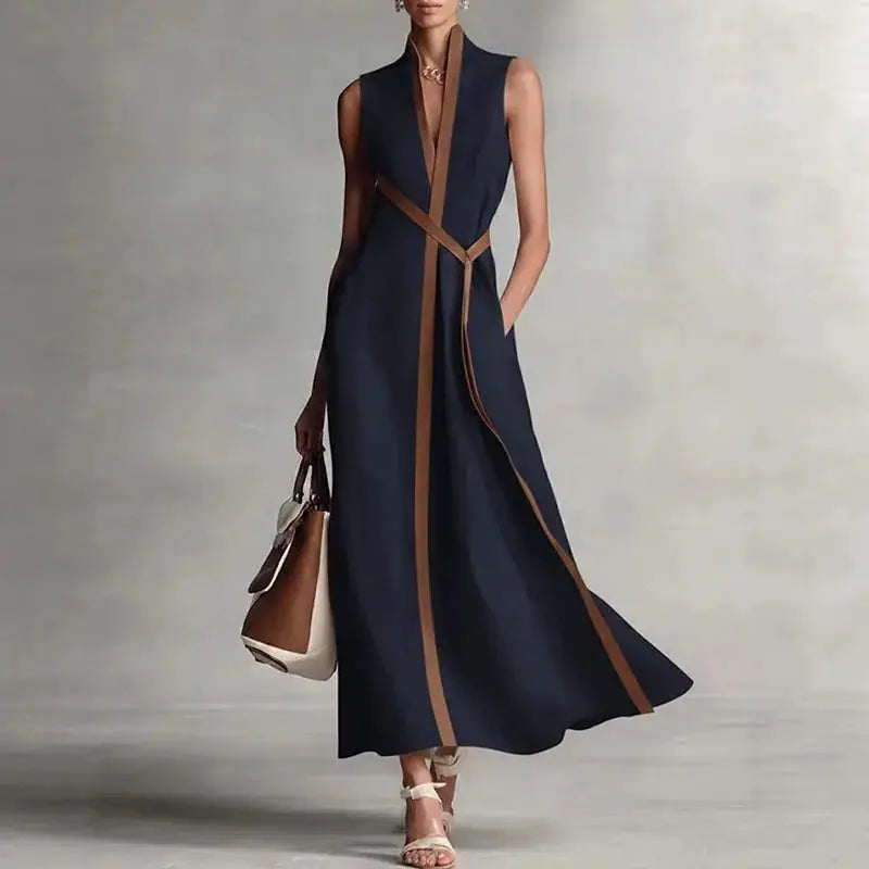 Casual Sleeveless V Neck A-Line Maxi Dresses Woman 2026 Spring Sexy Contrast Striped Print Long Dress Summer Vacation Boho Dress by Adornity