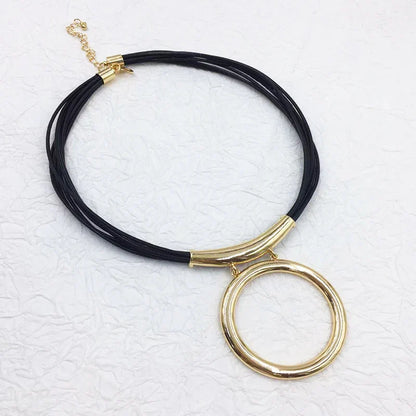 Elegant Chunky Black Leather Gold Necklace Choker