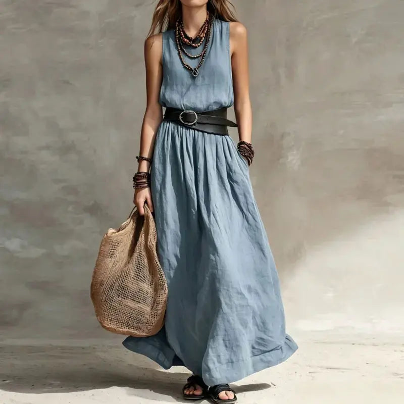 Summer Women Loose Fit Sleeveless Maxi Dress Round Neck High Waist Pleated Long dress Casual Daily Beach Vacation Bohemian Dress by Adornity