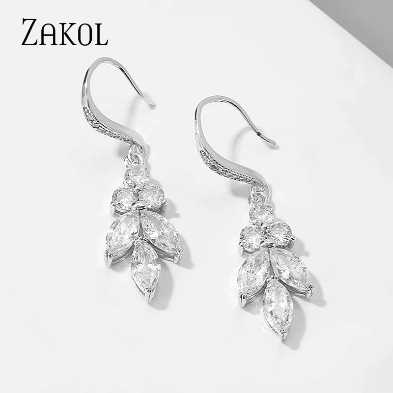 Bridal Marquise Cut Cluster Flower Zirconia Crystal Long Dangle Drop Earrings Wedding Jewelry