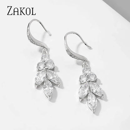 Bridal Marquise Cut Cluster Flower Zirconia Crystal Long Dangle Drop Earrings Wedding Jewelry