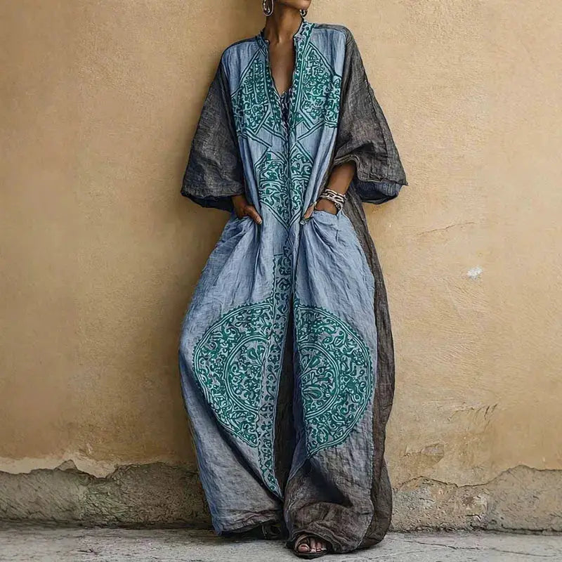 Bohemian Ethnic Pattern Women's Jumpsuit Batwing Sleeve Wide Leg Loose Long Pantsuit 2026 Vintage V Neck Pockets Vacation Romper by Adornity