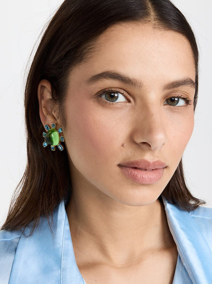 Geometric Crystal Flower Green Stud Earrings