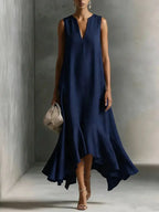 Solid Color Loose Long Dress For Women Summer Sexy V-neck Sleeveless Fashion Irregular Hem Dresses Lady Foreign Style Streetwear by Adornity