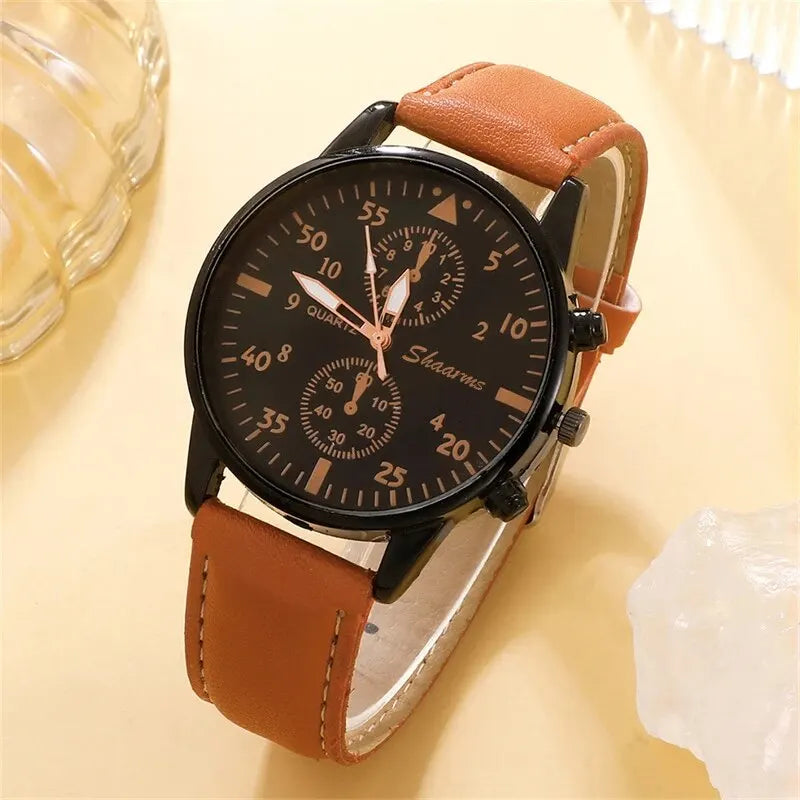 Men Leather Watch - Luxury Quartz Wristwatch With Brown Leather Band & Bracelet Set