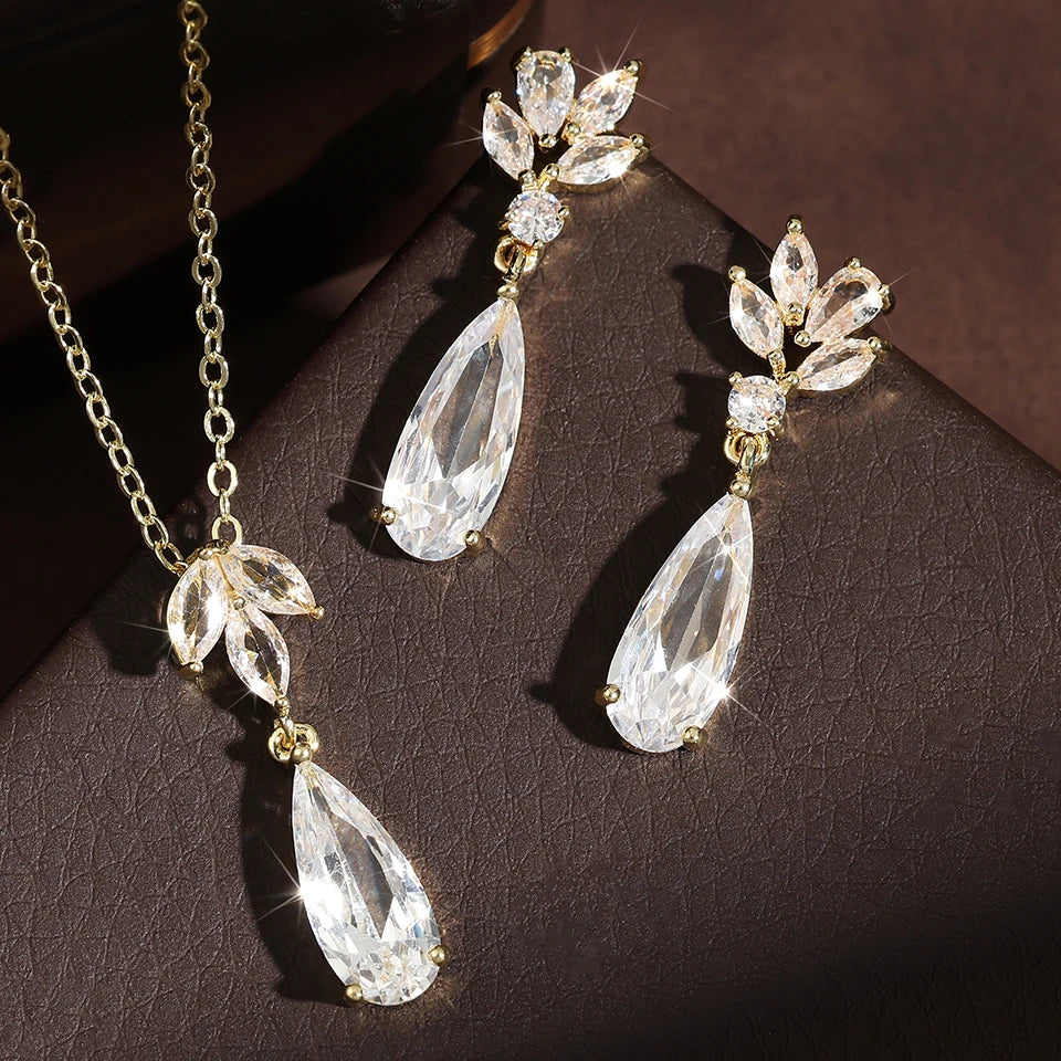 Bridal Water Drop Cubic Zirconia Dangle Necklace Earring  Stylish Flower Shape Bridal Set Wedding Jewelry