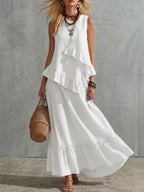 Women's Two-piece Sleeveless Irregular Ruffle Top Long Skirt 2026 Summer Cotton And Linen Fashion Casual Loose Solid Color Suit by Adornity