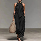 Women's Sexy Halter Ruffle Maxi Dress Solid Pockets Loose Long Dress Summer Elegant Sleeveless Bohemian Vacation Beach Dress by Adornity