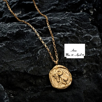 Zodiac Signs Stainless Steel Necklace - Gold Plated Constellation Round Pendant