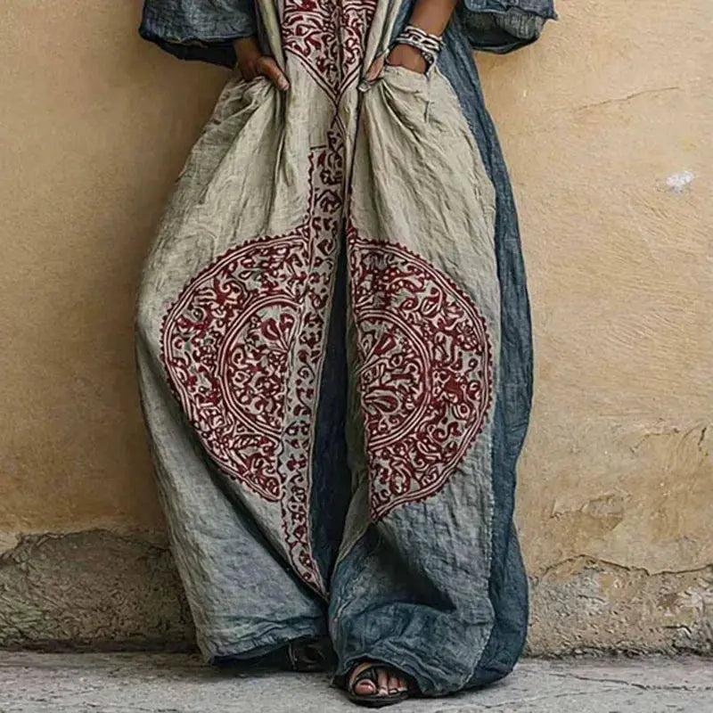 Bohemian Ethnic Pattern Women's Jumpsuit Batwing Sleeve Wide Leg Loose Long Pantsuit 2026 Vintage V Neck Pockets Vacation Romper by Adornity