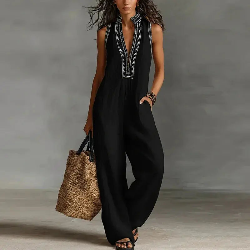 Sexy Deep V Neck Hollow Women's Jumpsuits Vintage Printed High Waist Slim Office Romper Spring Summer Sleeveless Pocket Overalls by Adornity
