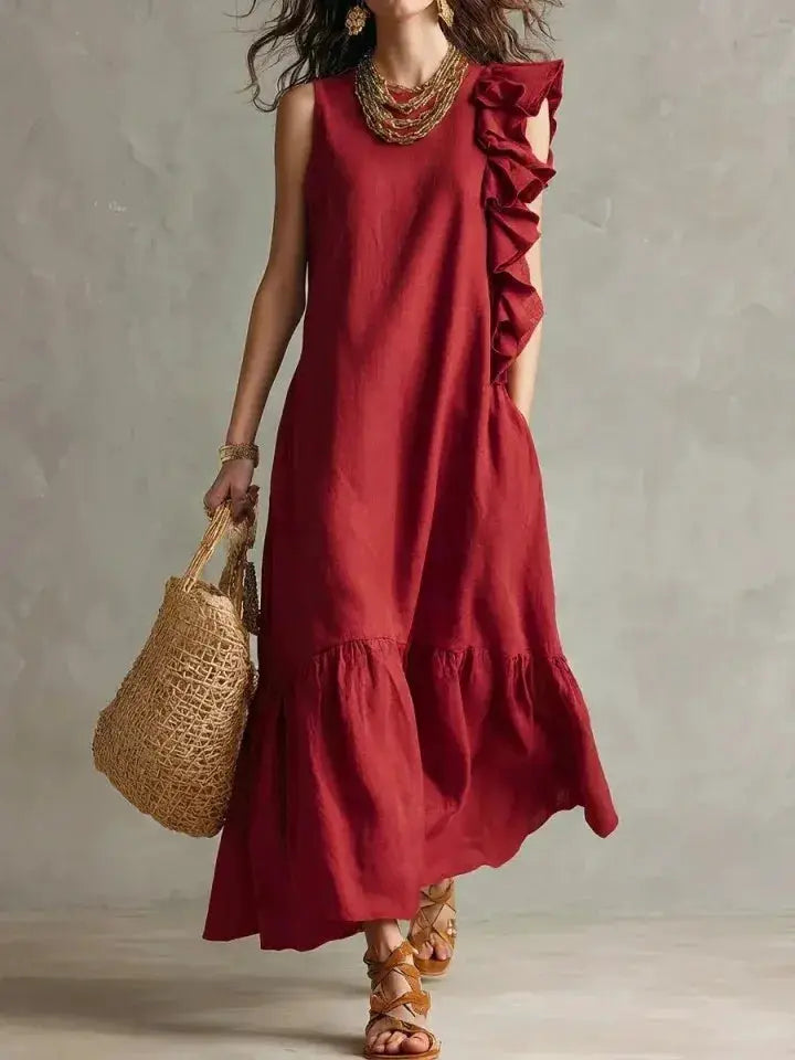 Women's Summer Irregular Ruffled Sleeveless Dress Casual Round Neck Solid Color Loose Long Dress Vestidos De Fiesta Elegantes by Adornity