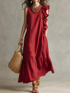 Women's Summer Irregular Ruffled Sleeveless Dress Casual Round Neck Solid Color Loose Long Dress Vestidos De Fiesta Elegantes by Adornity