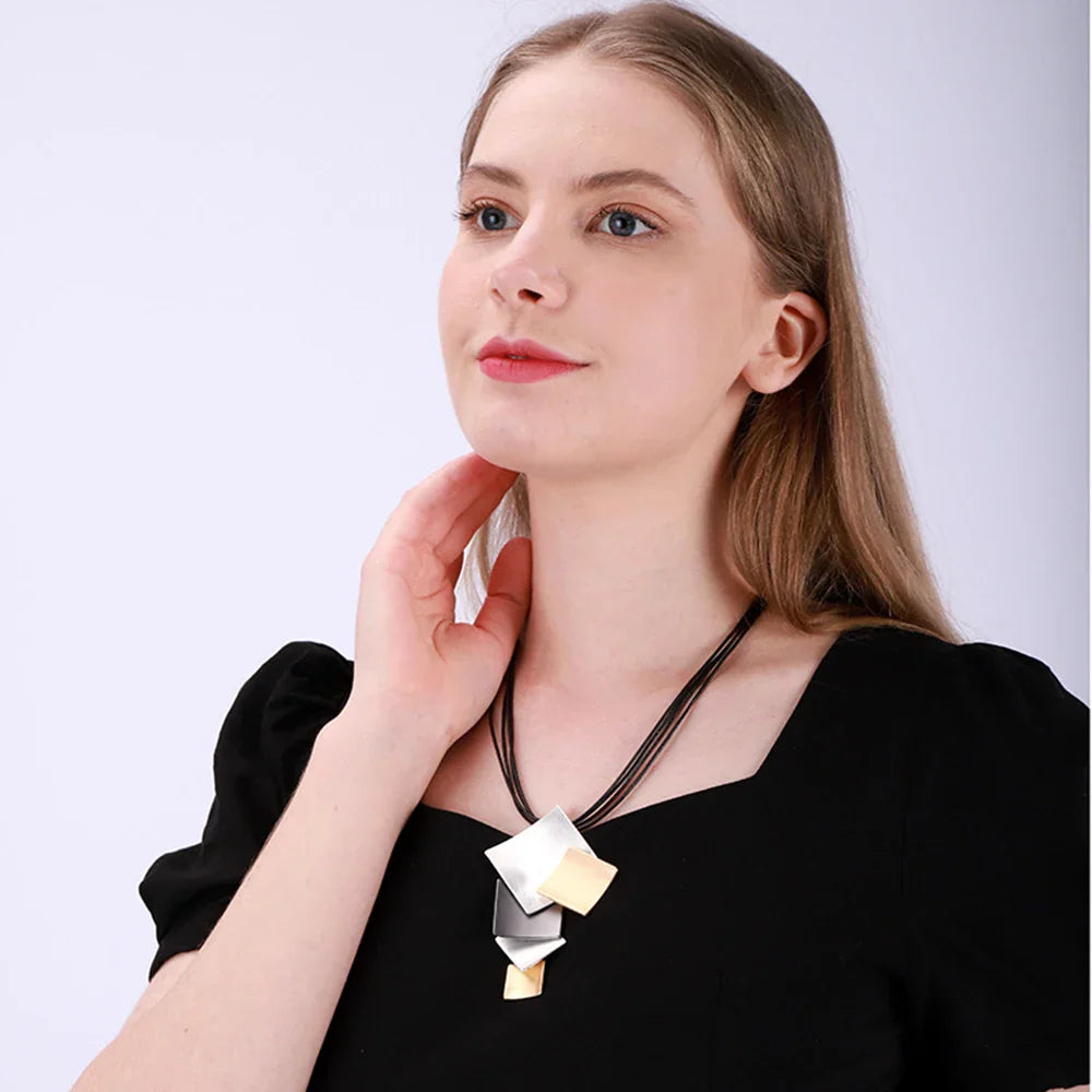 Long Leather Chain Trending Geometric Square Pendant Necklace