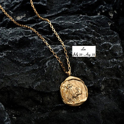 Zodiac Signs Stainless Steel Necklace - Gold Plated Constellation Round Pendant