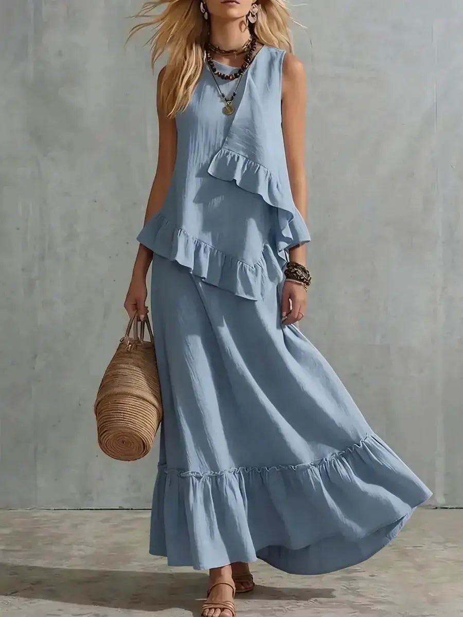 Women's Two-piece Sleeveless Irregular Ruffle Top Long Skirt 2026 Summer Cotton And Linen Fashion Casual Loose Solid Color Suit by Adornity