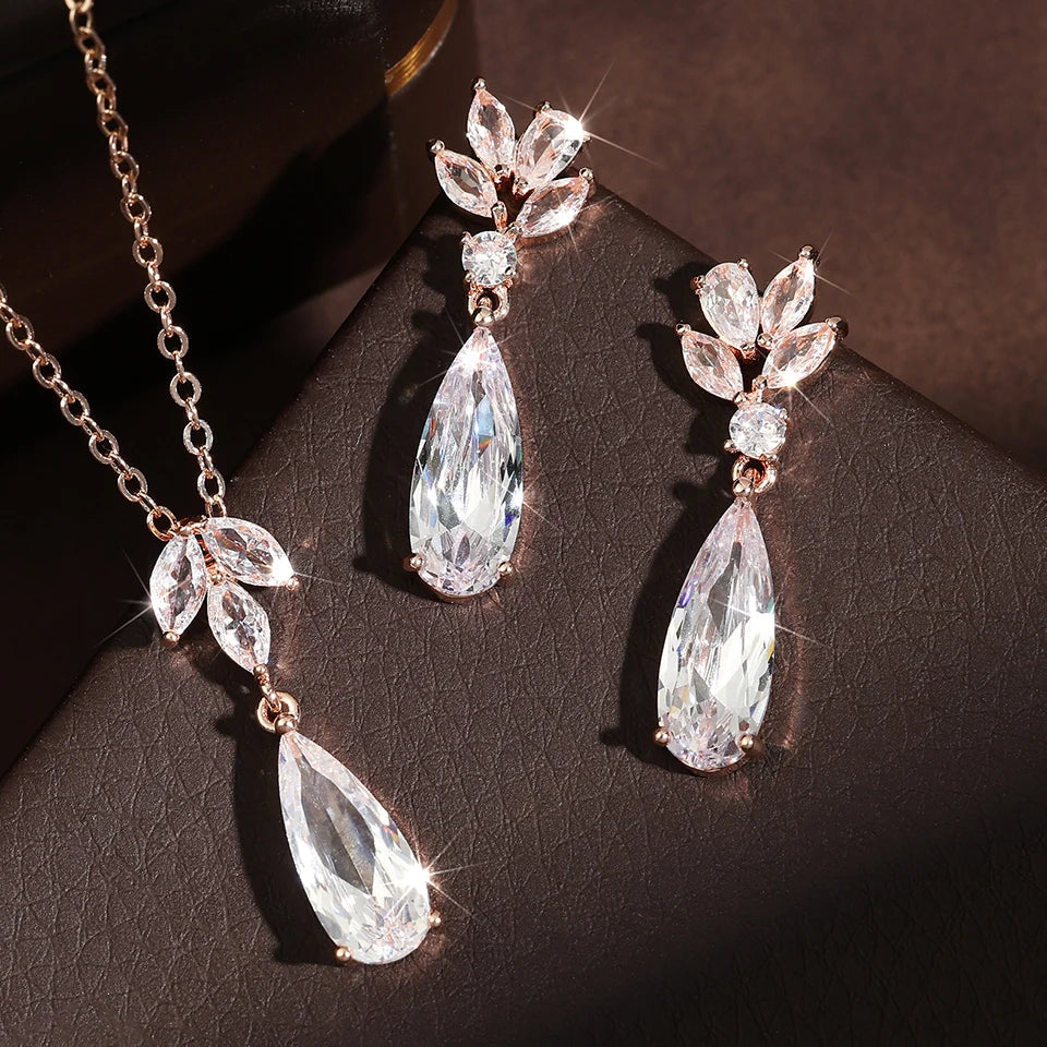 Bridal Water Drop Cubic Zirconia Dangle Necklace Earring  Stylish Flower Shape Bridal Set Wedding Jewelry