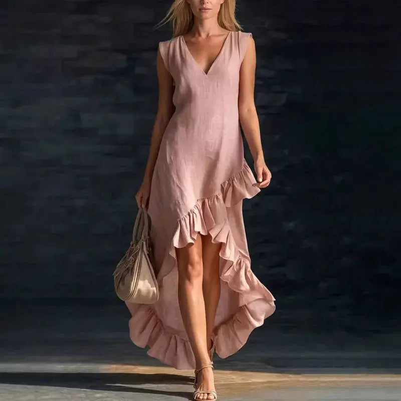 2026 Spring Sexy V Neck Solid Long Dresses Woman Elegant Ruffle Hem Irregular Party Dresses Summer Sleeveless Casual Beach Dress by Adornity