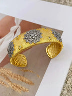 Gold Plated Bracelet – Cubic Zirconia Ring & Flower Pattern Vintage Copper Bangles Set by Adornity