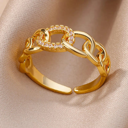 Gold Stainless Steel Hollow Out Ring with Crystal Zircon