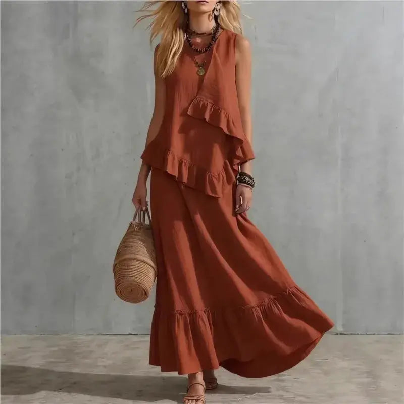 Women's Two-piece Sleeveless Irregular Ruffle Top Long Skirt 2026 Summer Cotton And Linen Fashion Casual Loose Solid Color Suit by Adornity