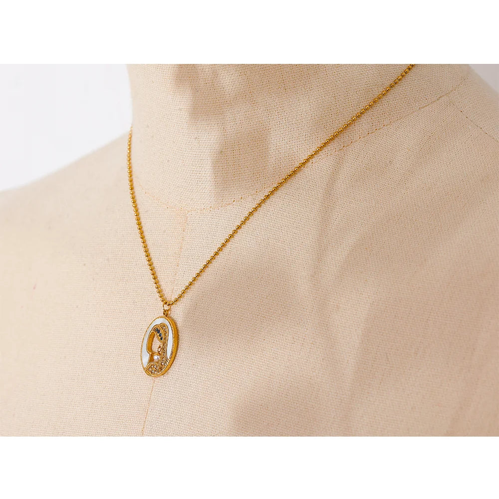 Gold Plated Stainless steel Natural Shell Zircon Portrait Pendant Chain Necklace