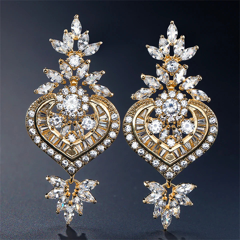 Bridal Heart Zircon Pendant Earrings  Long Hollow Crystal Inlay Drop Earring Bridal Wedding Jewelry