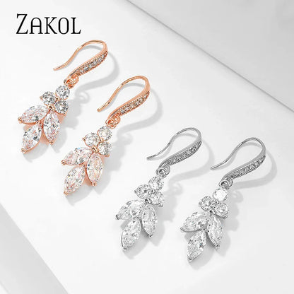 Bridal Marquise Cut Cluster Flower Zirconia Crystal Long Dangle Drop Earrings Wedding Jewelry