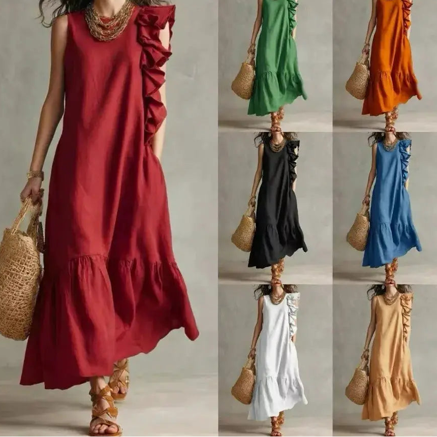 Women's Summer Irregular Ruffled Sleeveless Dress Casual Round Neck Solid Color Loose Long Dress Vestidos De Fiesta Elegantes by Adornity