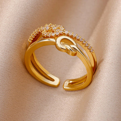 Gold Stainless Steel Hollow Out Ring with Crystal Zircon