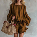 Bohemian Casual Vacation Outfits Woman Elegant O Neck Ruffle Hem Top And Beach Shorts Set Spring Solid Loose Fit Streetwear Suit by Adornity